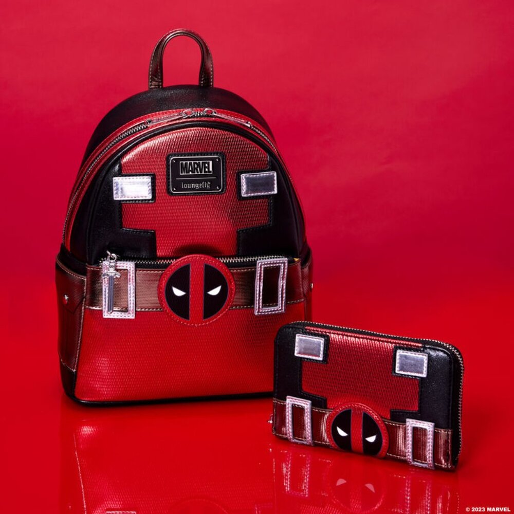 NEW Loungefly Marvel Metallic Deadpool Cosplay Mini Backpack & Zip Around Wallet